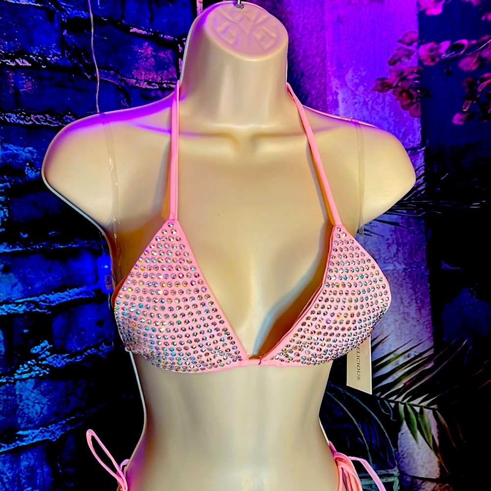 2piece Pink Rave Rhinestone Bikini - Picture 3 of 7